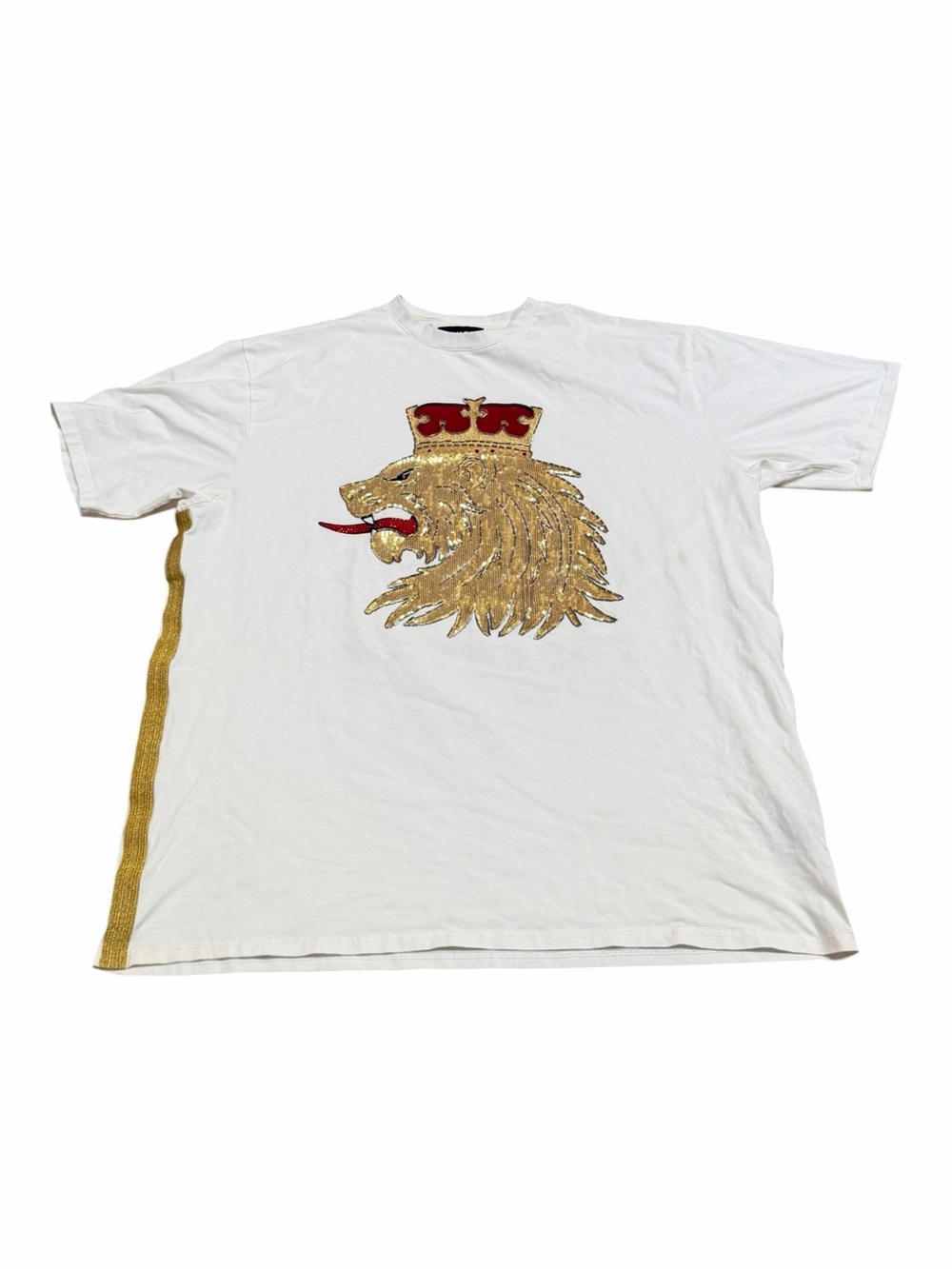 White Men's Tee with Gold Crowned Lion Embroidery